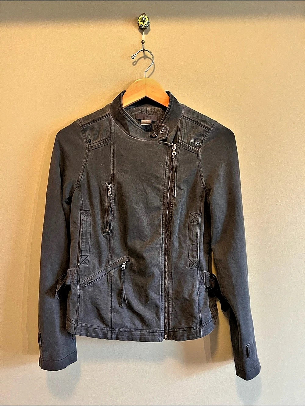 Wyatt Charcoal Gray Distressed Moto Utility Jacket Asymmetrical Zip